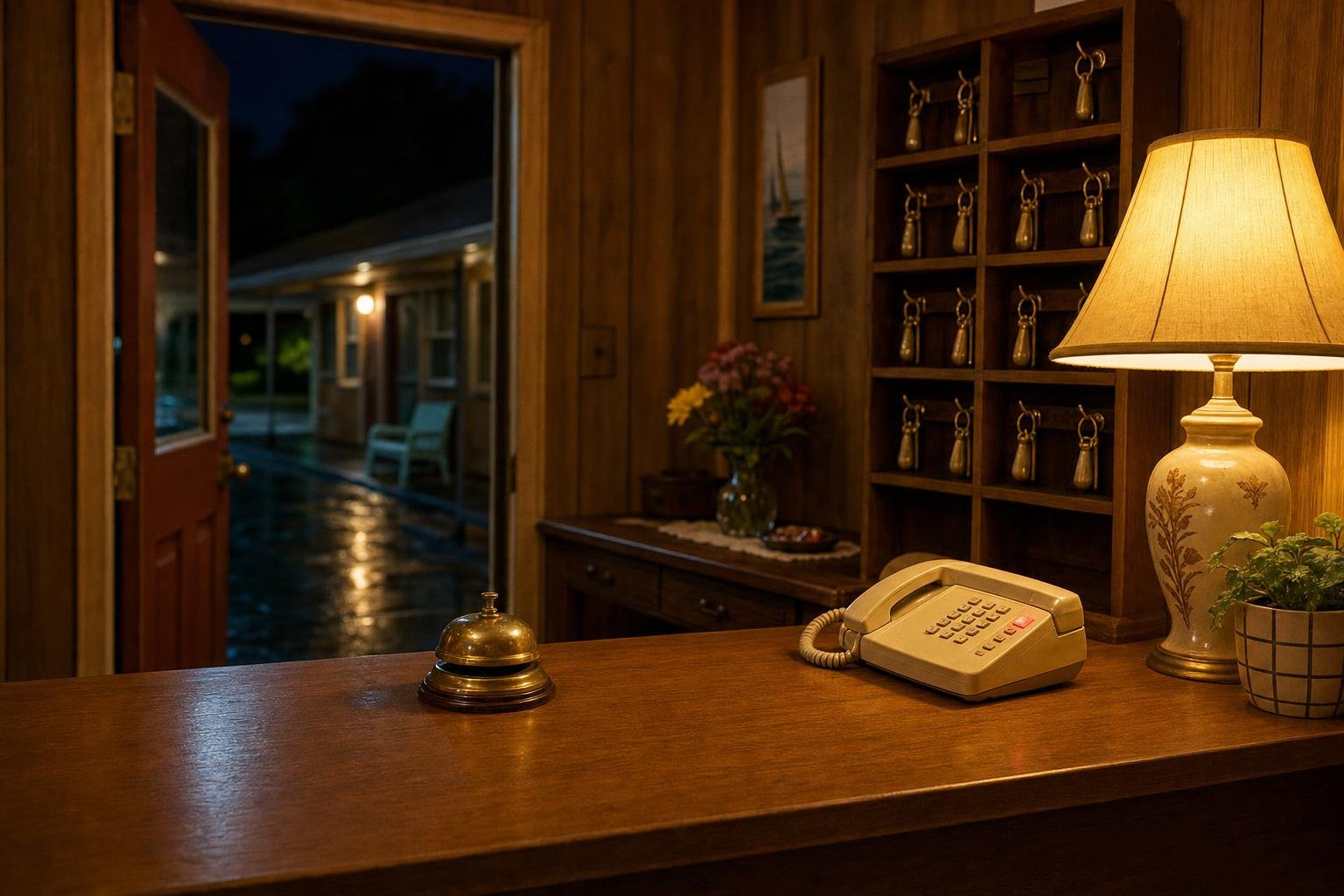 A motel office counter at night with a desk bell, a lamp, a landline phone with a blinking light, and room keys on hooks.