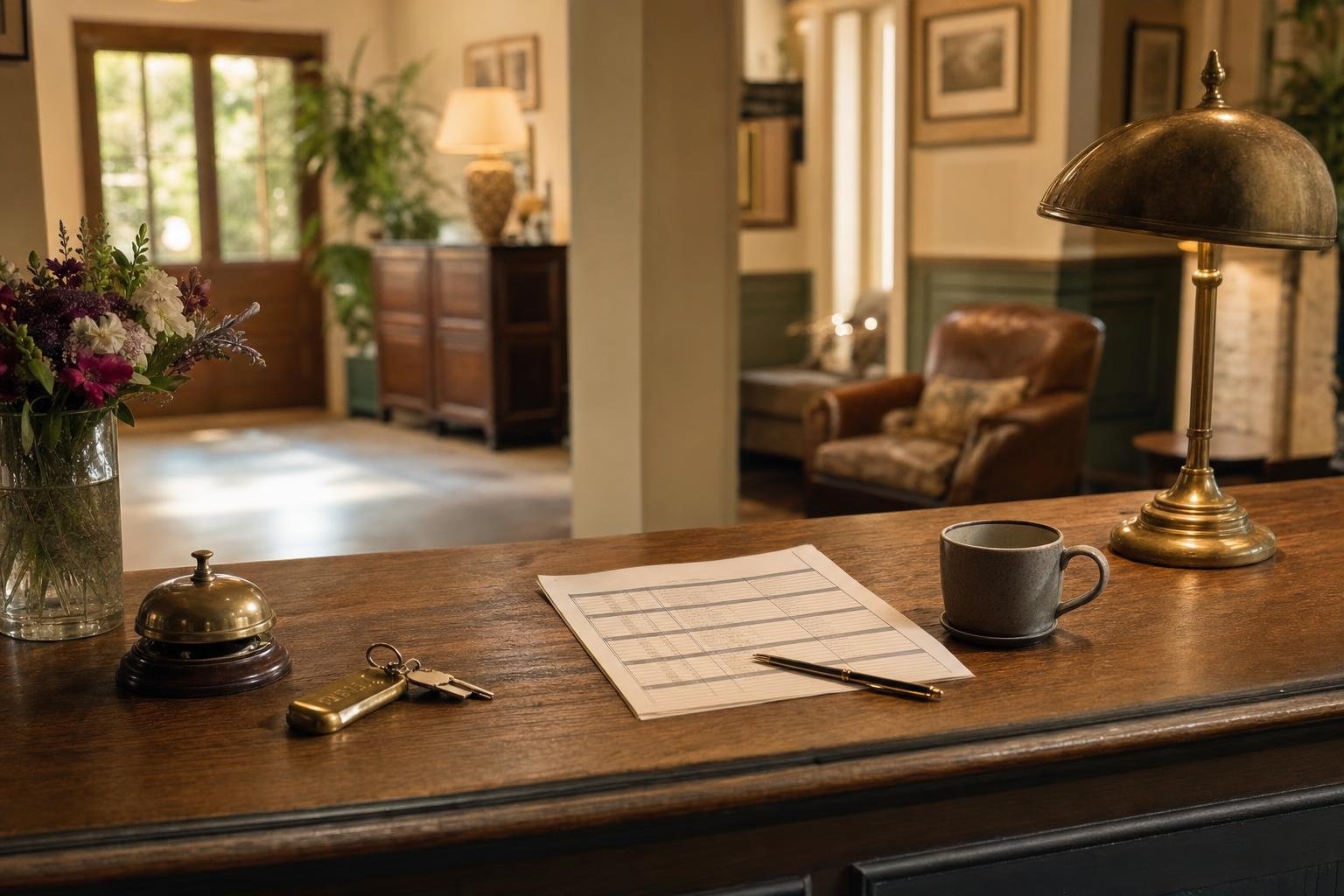 An inn front desk with a brass desk bell, room keys, a printed arrivals list, a cup of coffee and a brass lamp.
